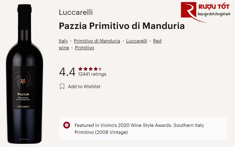 đánh giá của Vang Ý PAZZIA Primitivo Di Manduria trên Vivino