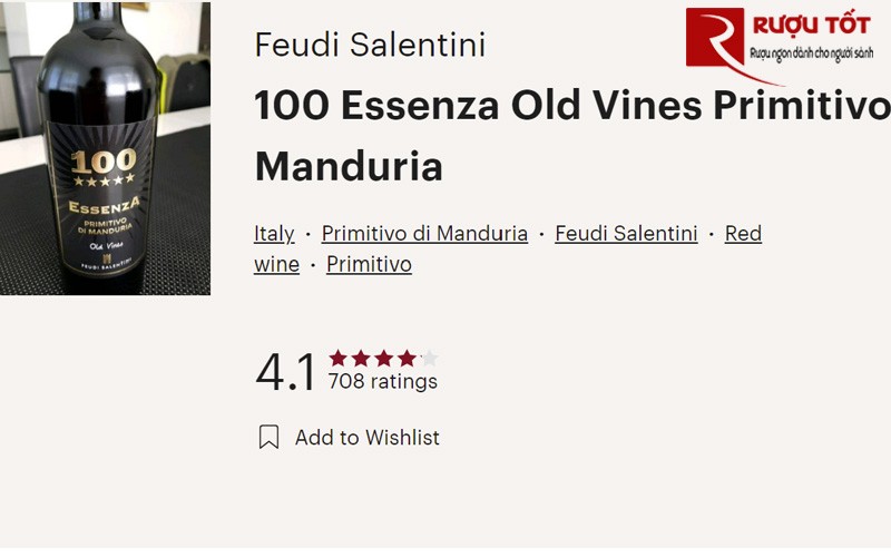 Đánh giá rượu vang 100 ESSENZA Primitivo trên Vivino