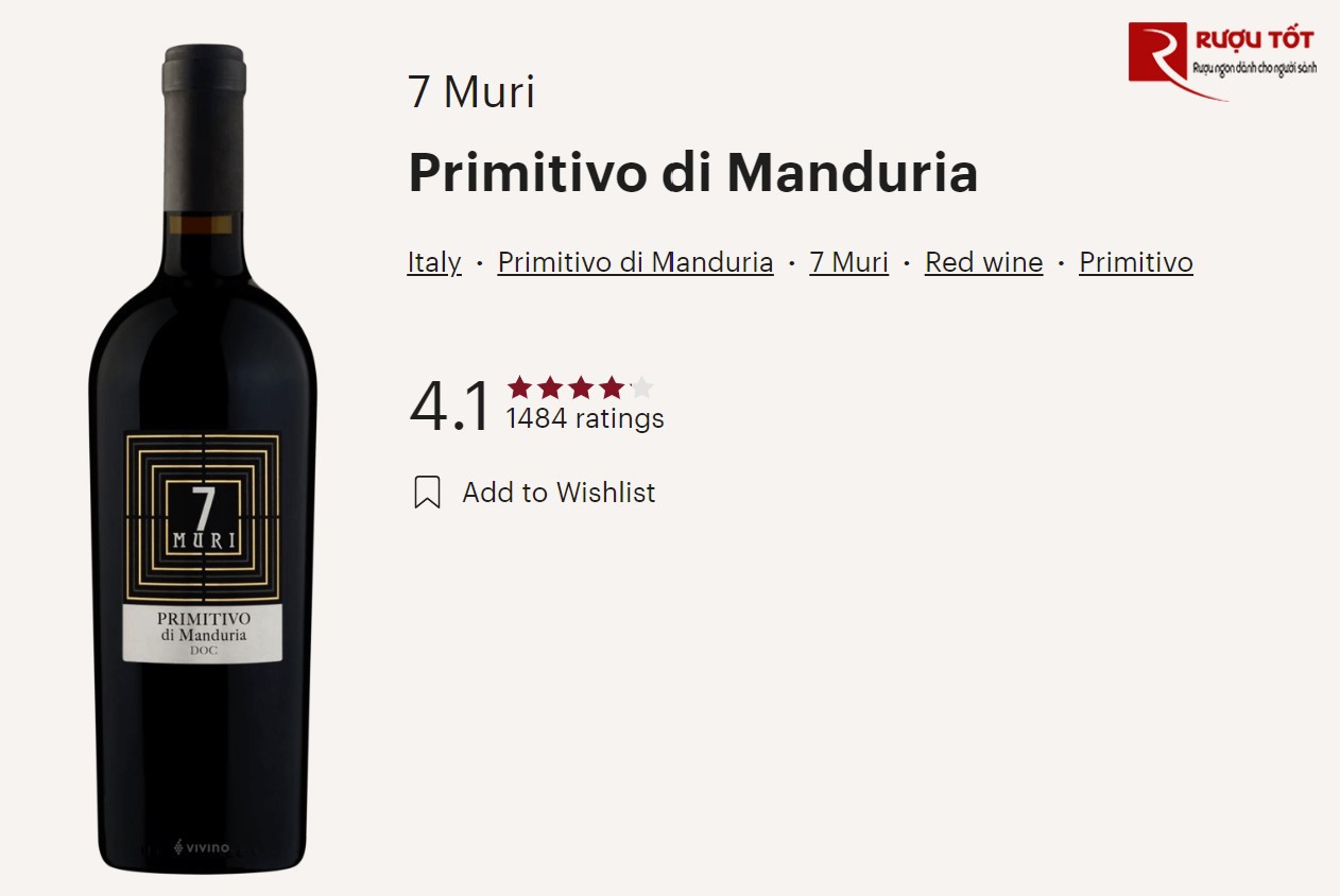 Đánh giá rượu vang 7 Muri Primitivo di Manduria trên Vivino