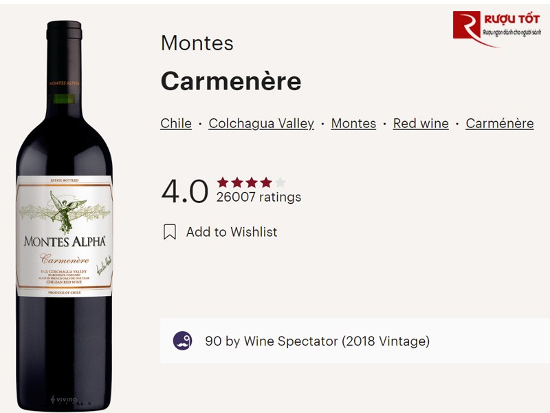 Đánh giá rượu vang Montes Alpha Carmenere trên Vivino