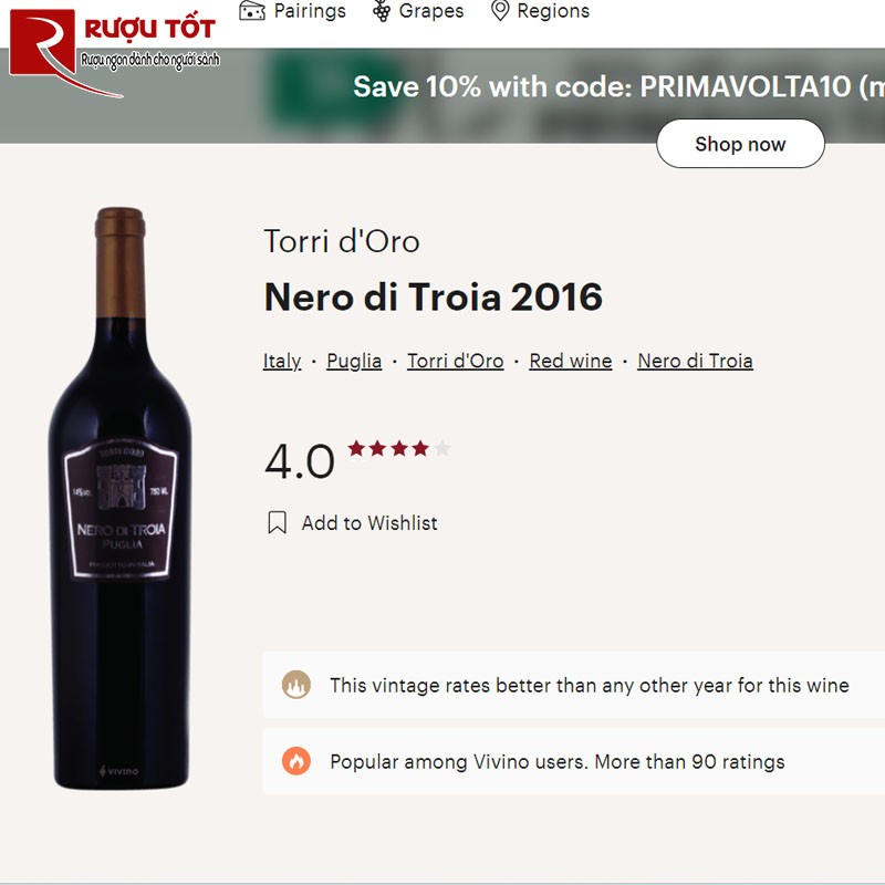 Điểm số Vivino của rượu vang Torri d'Oro Nero di Troia