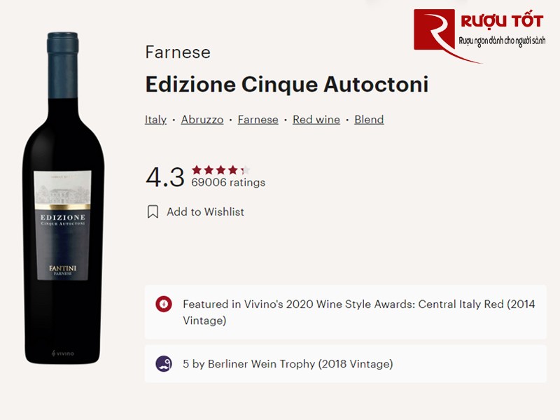 Điểm Vivino của chai vang Edizione Cinque Autoctoni