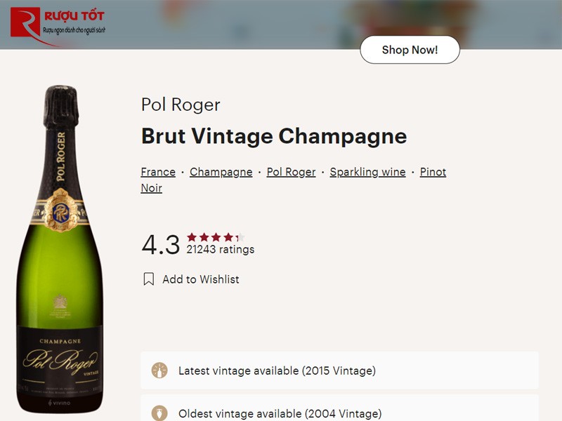 Điểm Vivino của rượu Champagne Pol Roger Vintage Brut