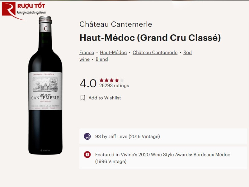 Điểm vivino của Rượu vang Chateau Cantemerle