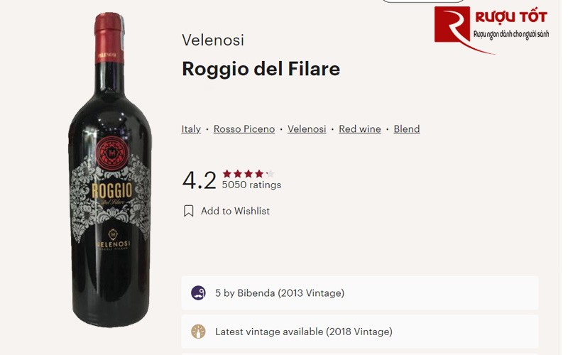 Điểm Vivino của rượu vang Ý Roggio Velenosi