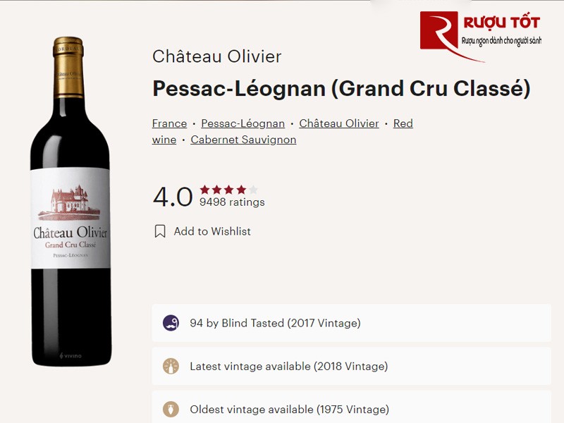 Điểm vivino của Vang Pháp Chateau Olivier Grand Cru Classe