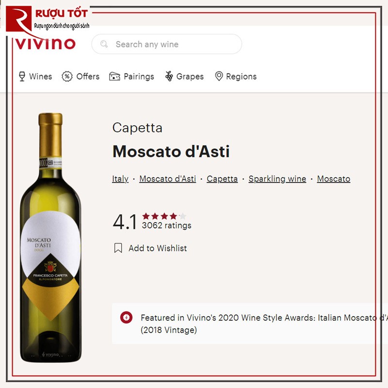 Điểm Vivino vang Moscato DAsti Francesco Capetta