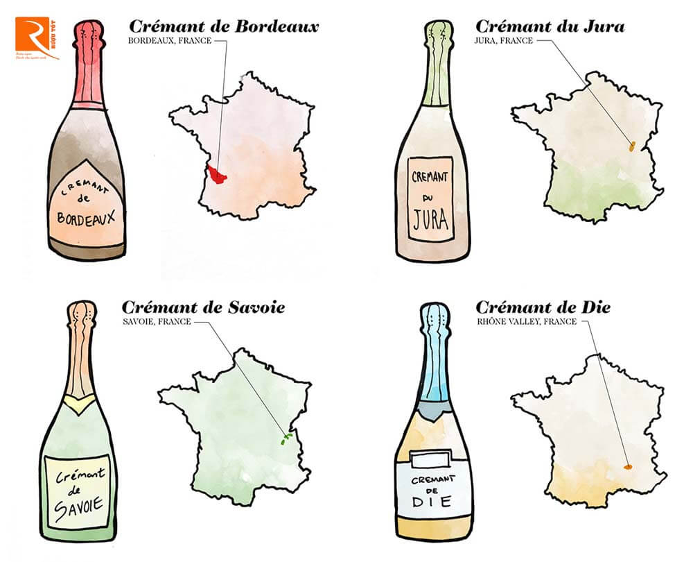 Crémant du Jura, Crémant de Savoie, Crémant de Die và Crémant de Bordeaux
