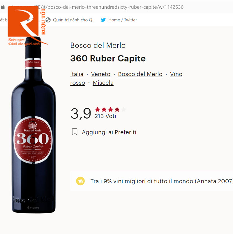 Rượu vang 360 Ruber Capite Bosco De Merlo Blend