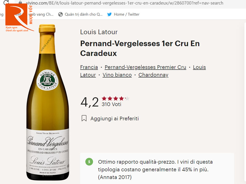 Rượu vang Pháp Pernand Vergelesses 1er En Caradeux Louis Latour