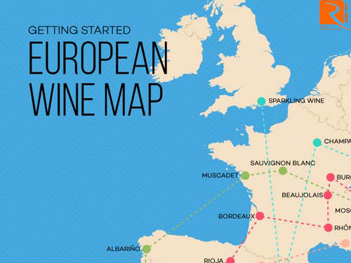 Bản đồ các vùng rượu vang nổi tiếng ở Châu Âu.