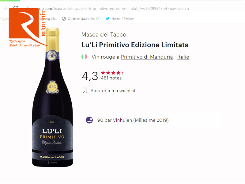 Vang Ý Lu'Li Primitivo Edizione Limitata Masca Del Tacco 17,5%