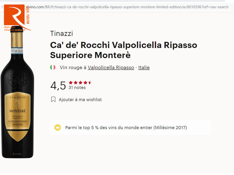 Rượu vang Montere Valpolicella Tinazzi Superiore Ripasso 15%