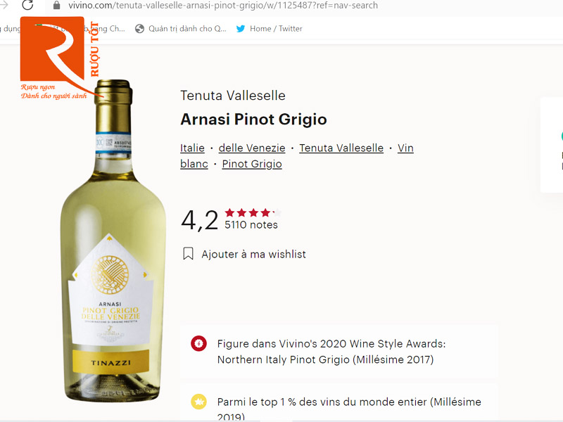 Vang Ý Arnasi Pinot Grigio Dell Venezie Tanazzi IGP