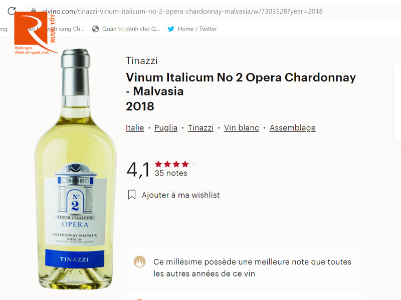 Vang Ý Opera No.2 Tinazzi Vinum Italicum Chardonnay Malvasia Puglia