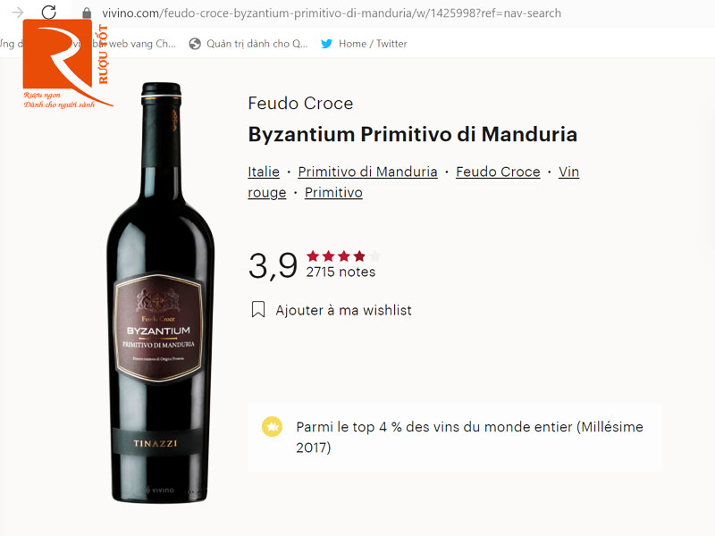 Vang Ý Byzantinum Primitivo Di Manduria Feudo Croce DOP