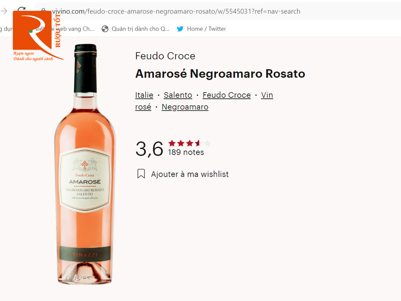 Vang Ý Amarose Negroamaro Rosato Salento Feudo Croce IGP