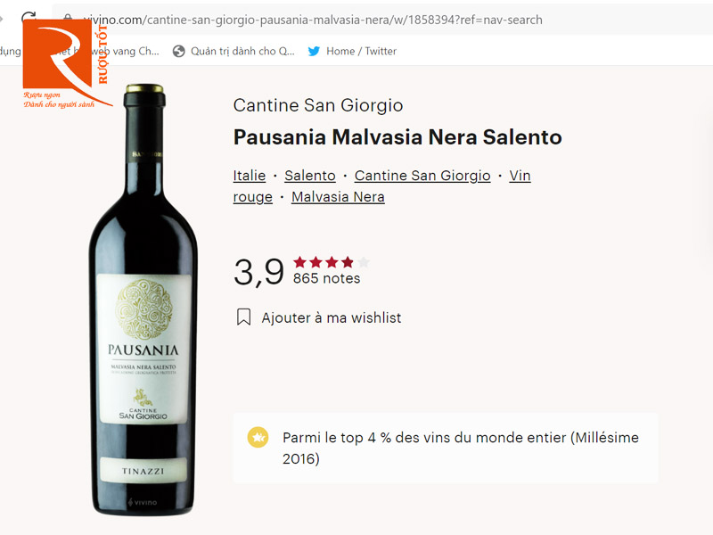 Rượu vang Ý Pausania Malvasia Nera Salento Cantine San Giorgio DOP